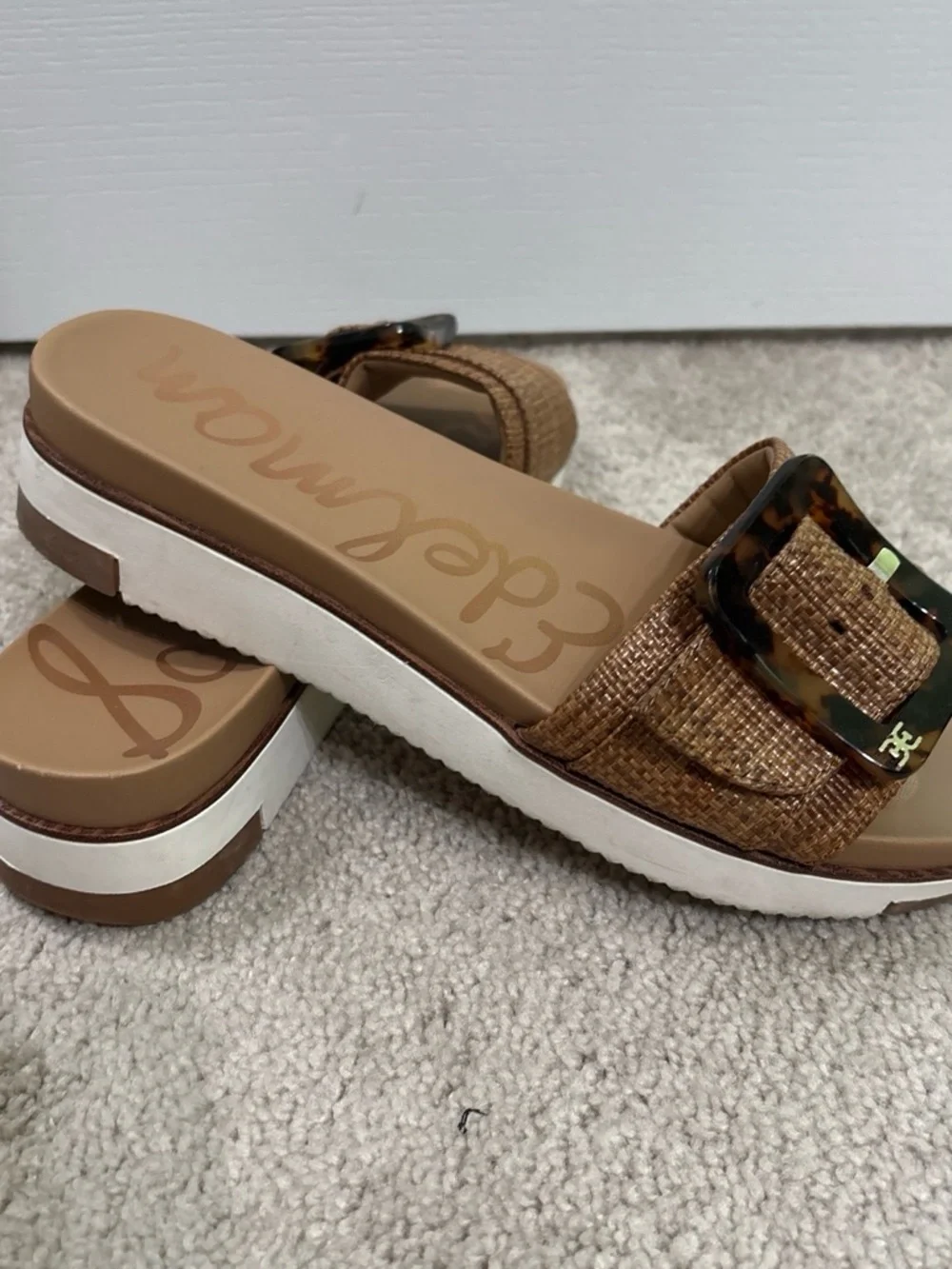 Sam Edelman Tan Raffia Slide Sandals with Tortoiseshell Buckles